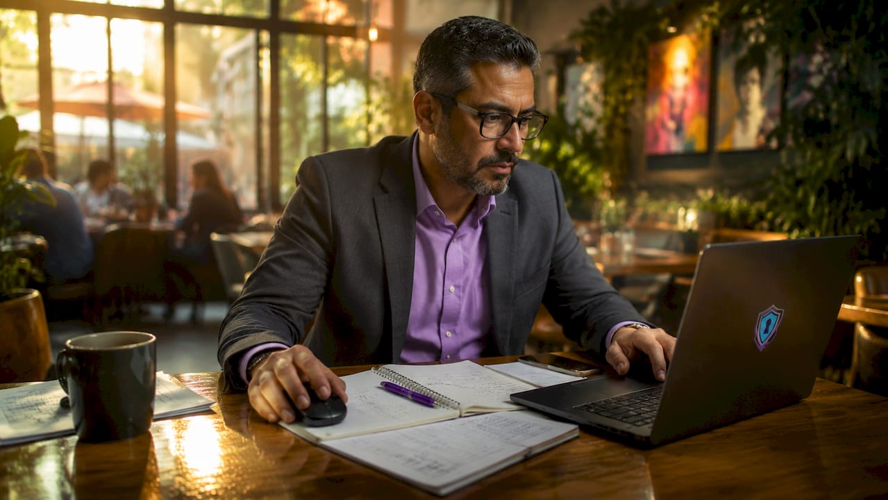 Man's hands navigating blockchain data workspace
