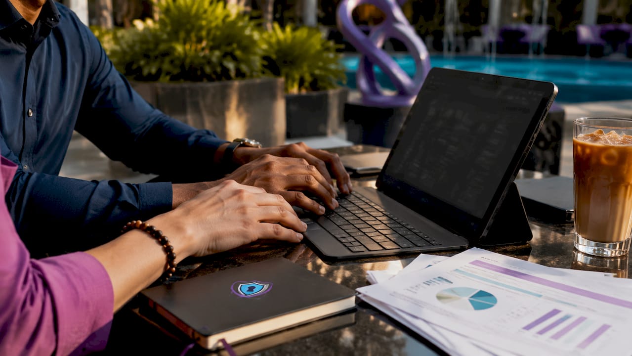 Hands typing and analyzing blockchain transaction hashes
