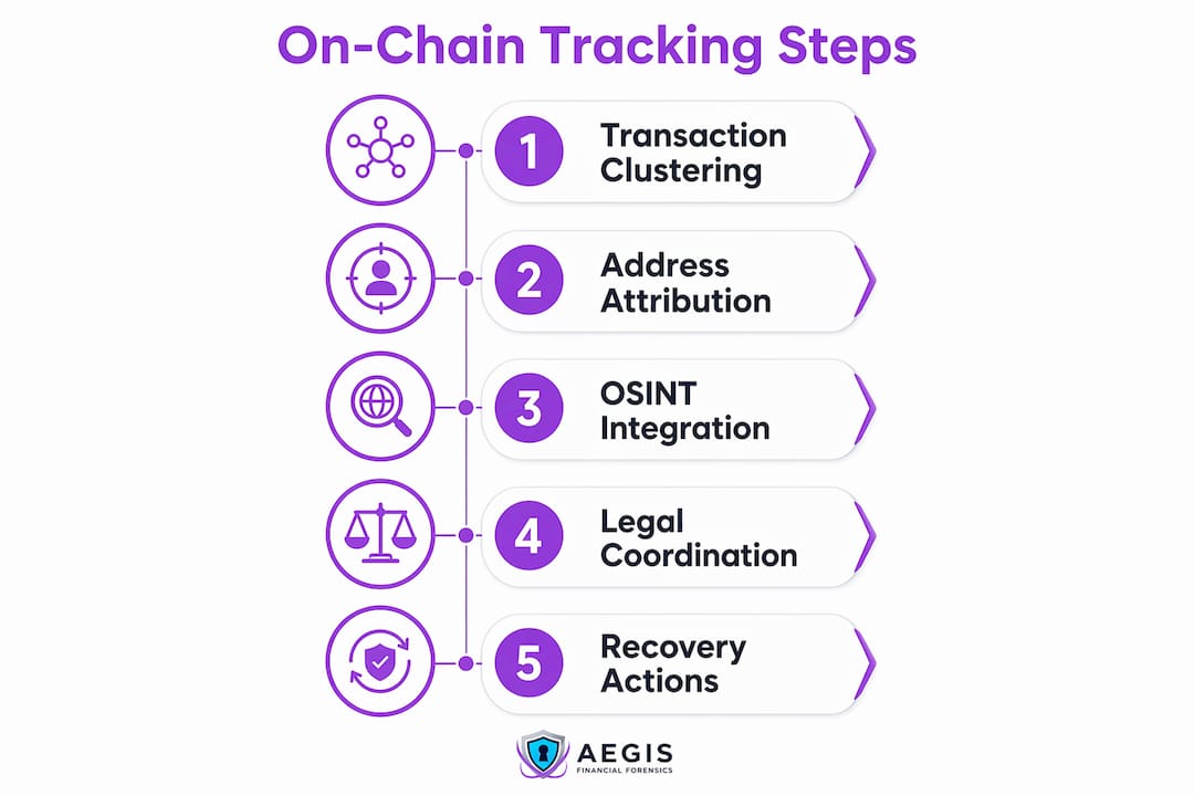 Infographic illustrating steps in on-chain forensic investigation