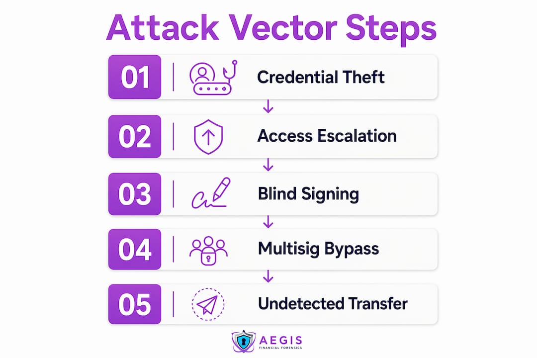 Infographic illustrating corporate crypto theft steps