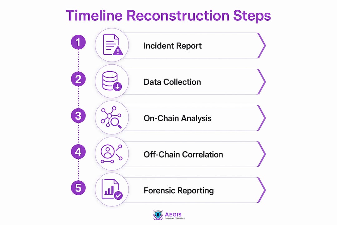 Infographic depicting crypto forensic timeline steps