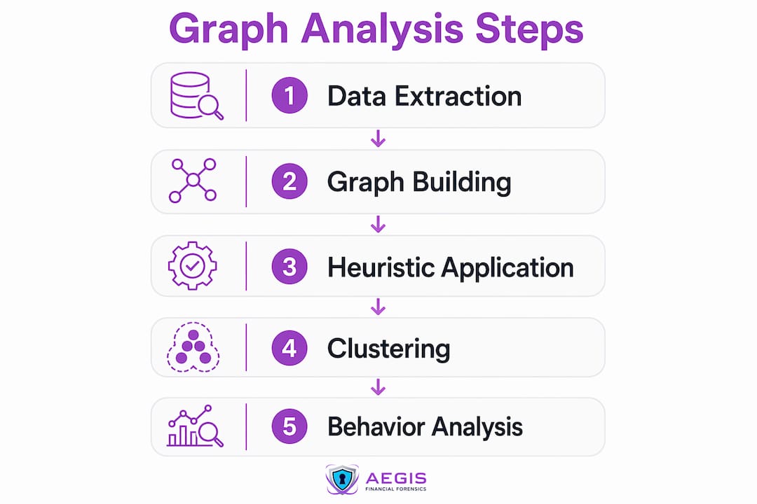 Vertical flow infographic of crypto graph analysis steps