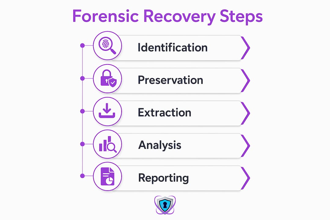 Infographic illustrating five forensic recovery steps