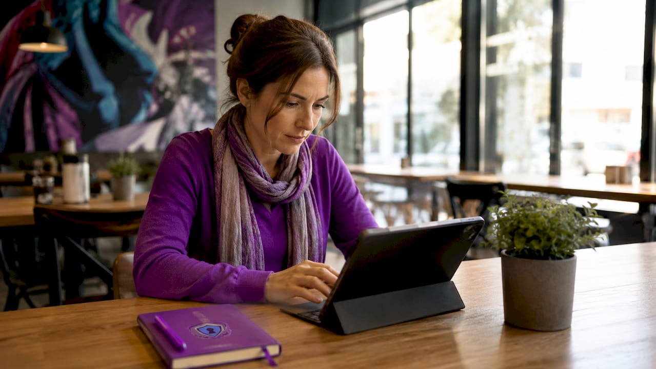 Hands using tablet to verify blockchain data
