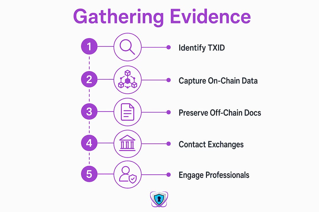 Infographic showing steps to gather crypto fraud evidence