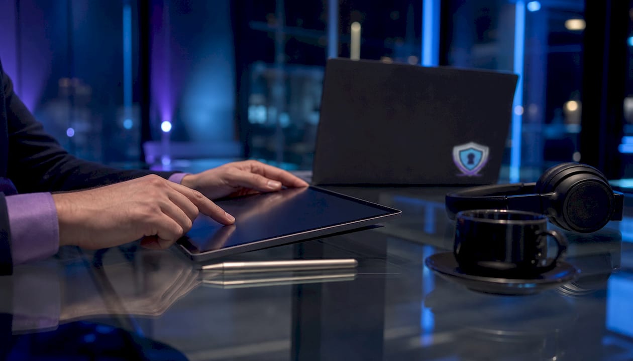 Hands swiping on tablet in tech workspace