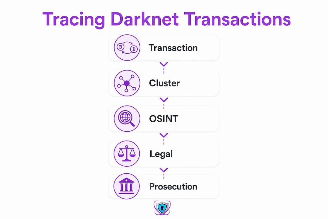 Infographic illustrating darknet transaction tracing steps