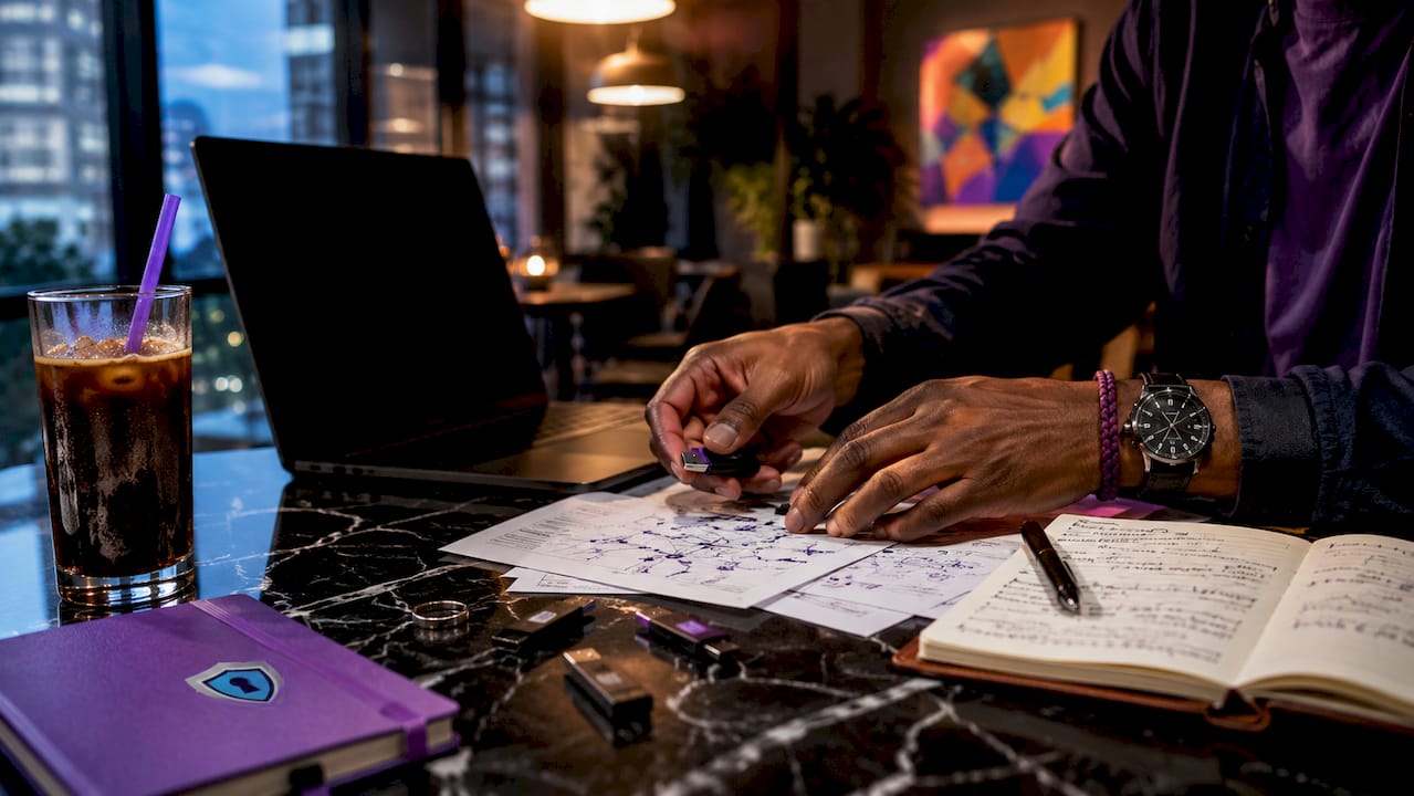 Hands organizing crypto theft documents and evidence