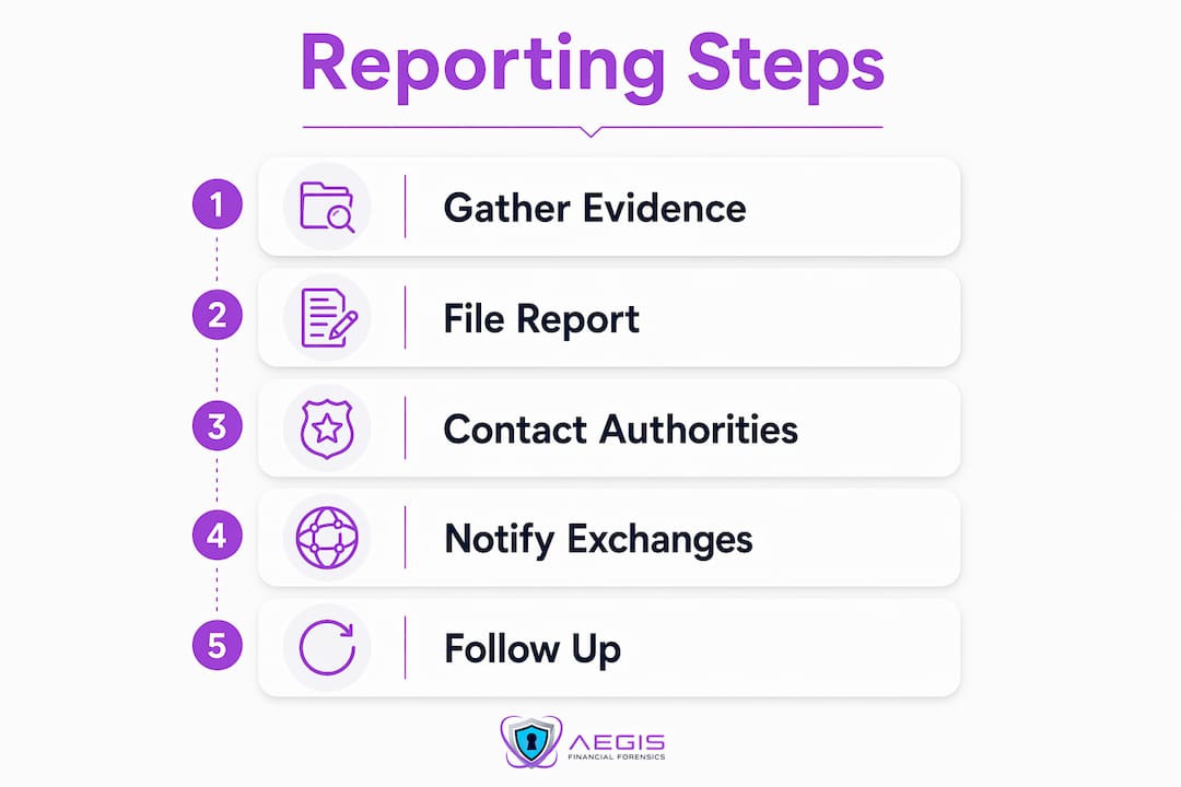 Infographic detailing steps to report crypto theft