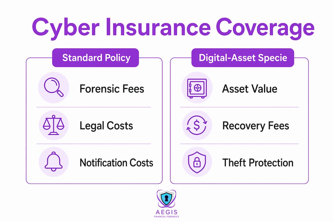 Infographic comparing standard and specialized cyber insurance coverage for crypto
