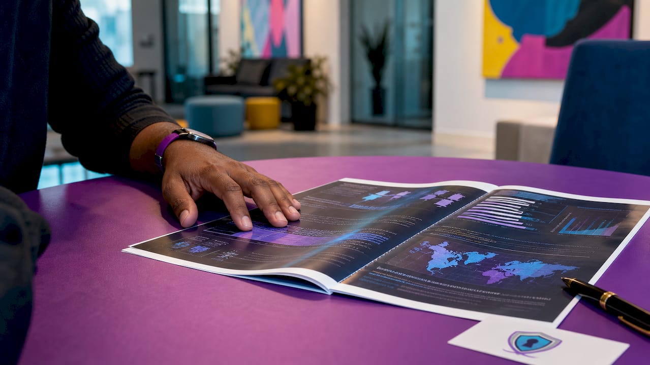 Hands analyzing blockchain ledger report