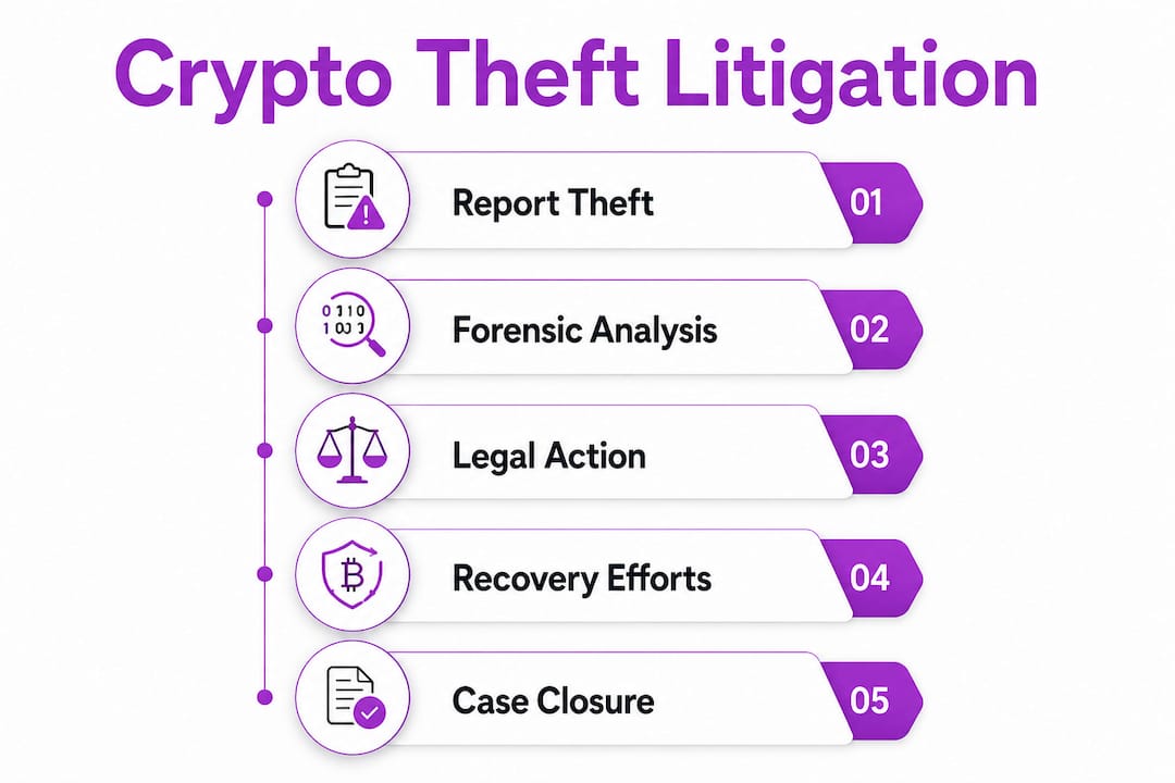 Infographic showing crypto theft litigation process in steps