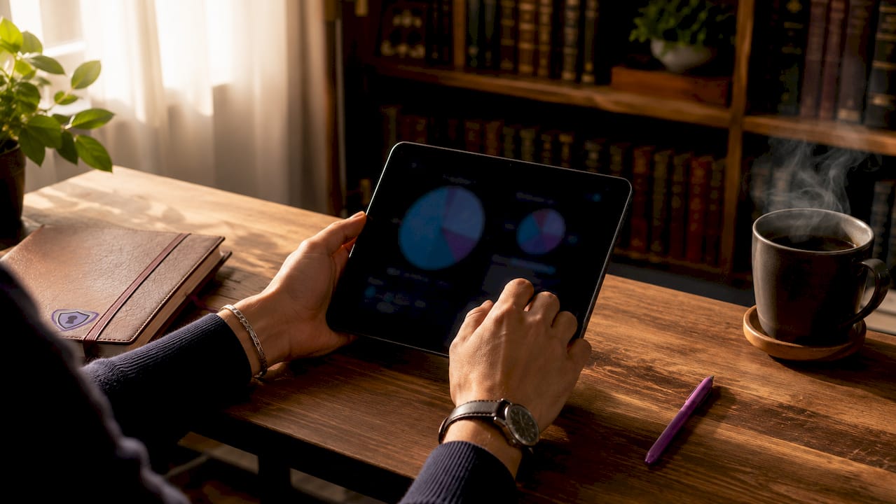 Hands interacting with blockchain monitoring tablet