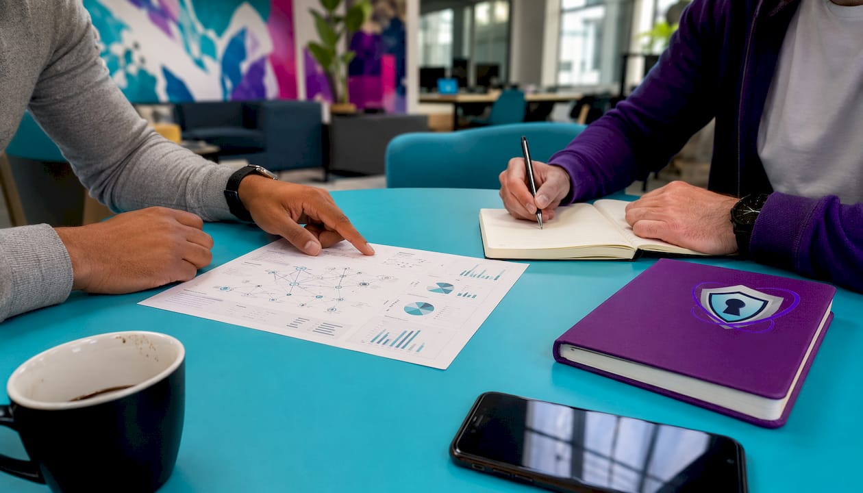 Close-up of diverse team hands reviewing blockchain data