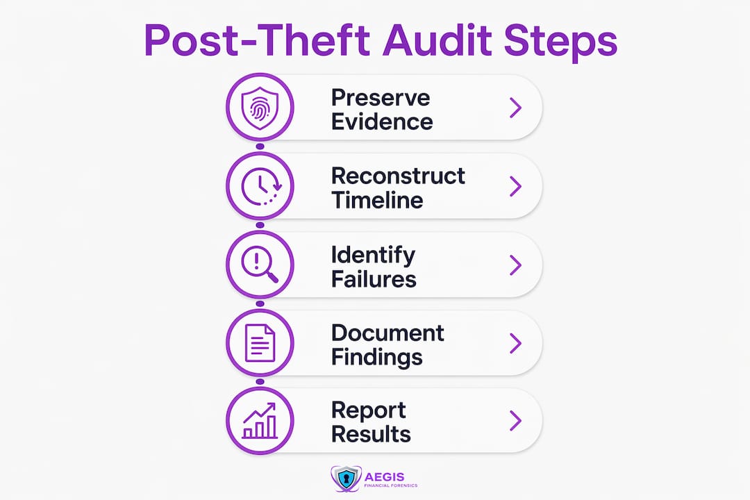 Infographic showing five key steps of post-theft audit process