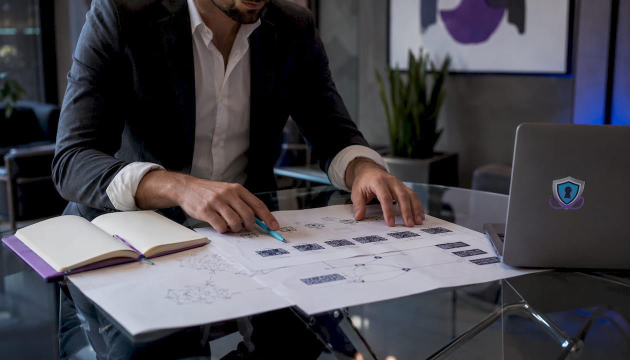 Hands examining blockchain addresses documents