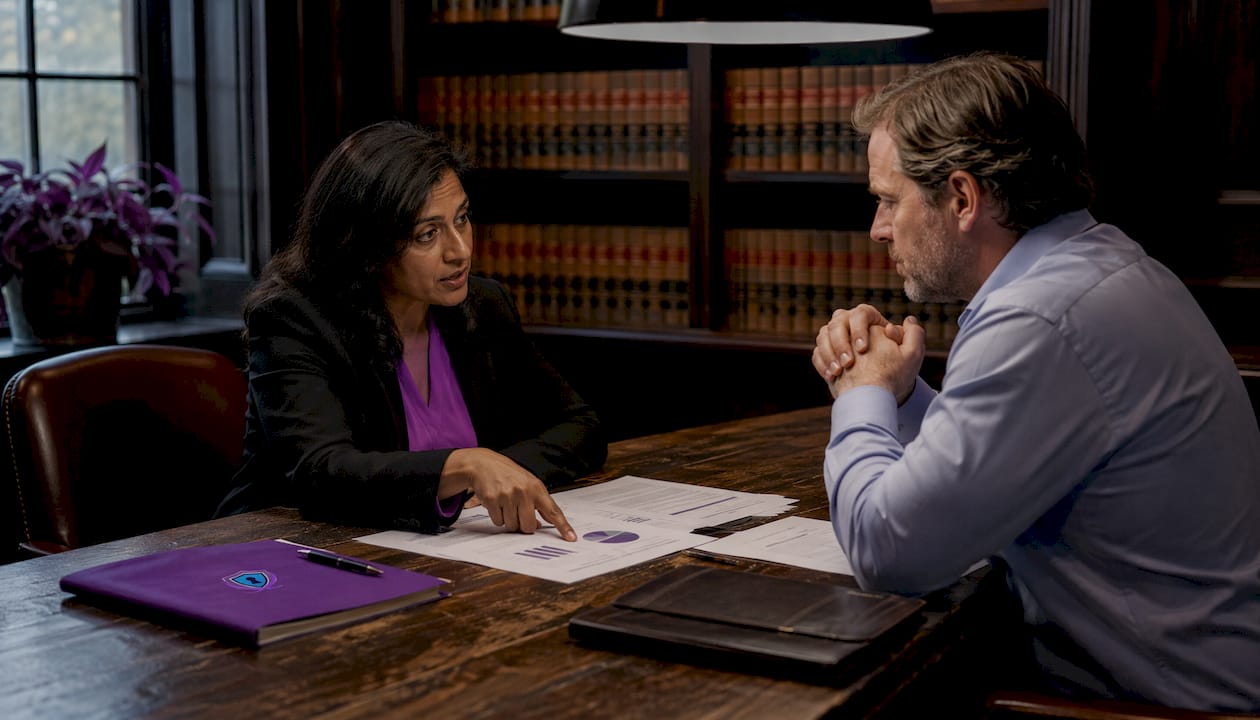 Attorney consulting with crypto fraud client in office