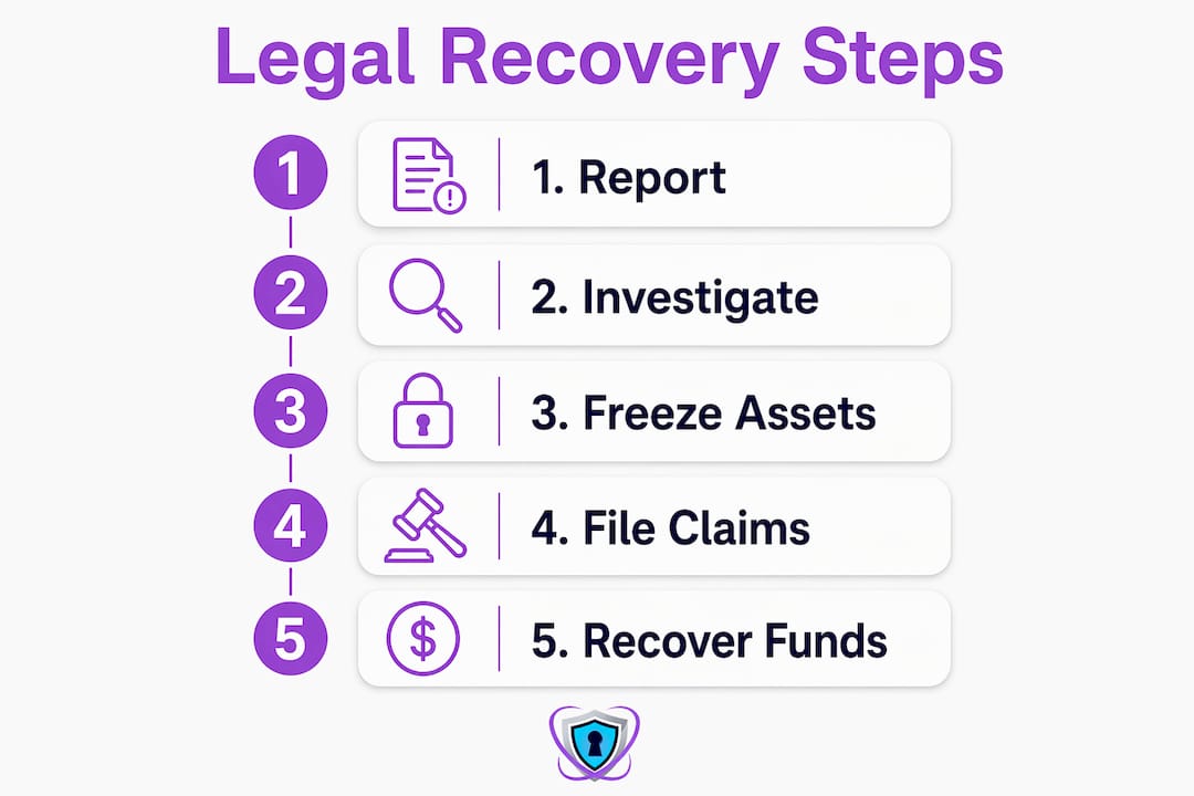 Infographic showing legal recovery steps for crypto fraud
