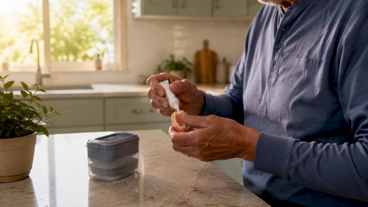 Hands holding denture adhesive tube over bathroom sink