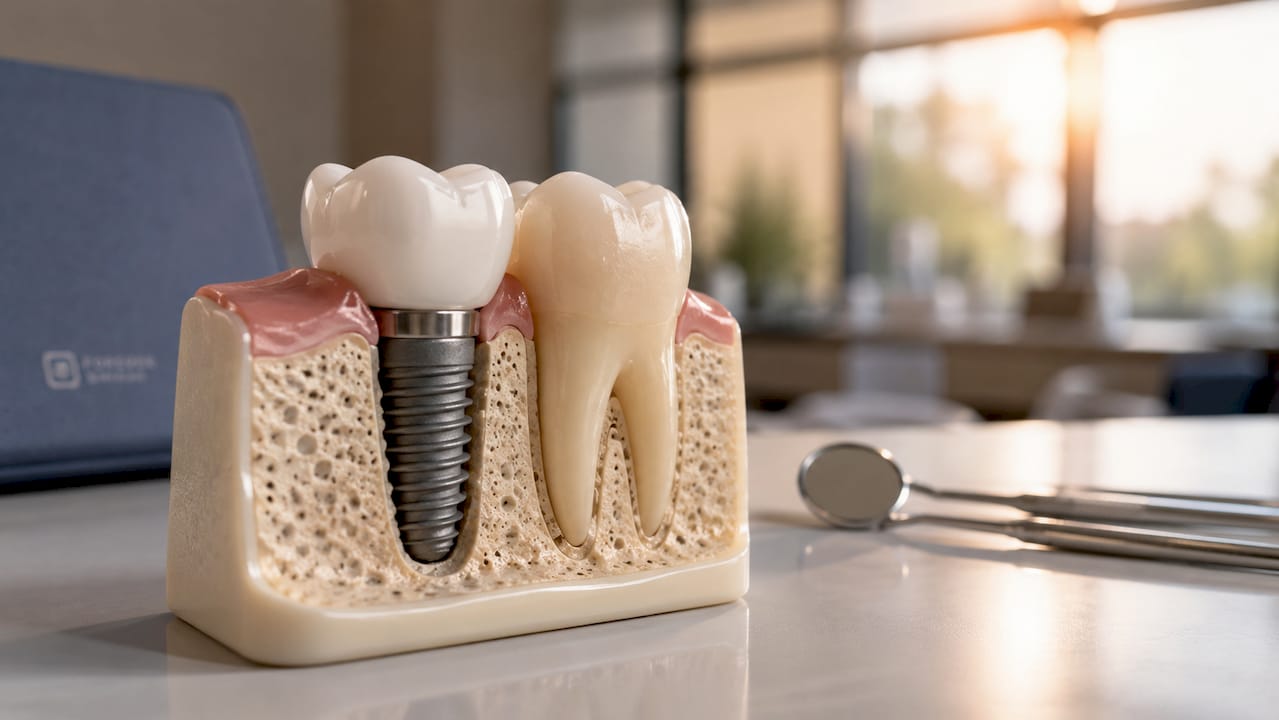 Close-up of dental implant in jawbone model