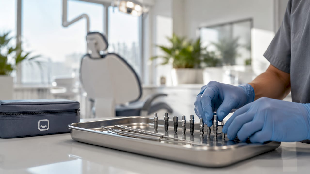 Hands adjusting dental implant posts on sterile tray