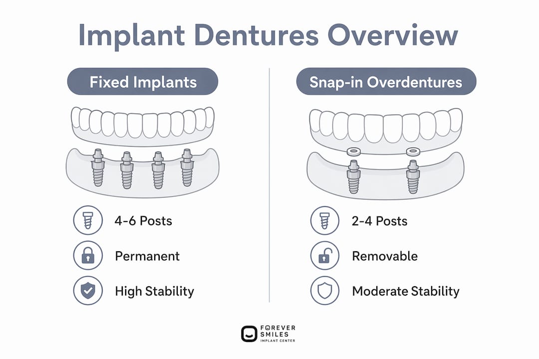 Infographic comparing fixed implants and snap-in overdentures