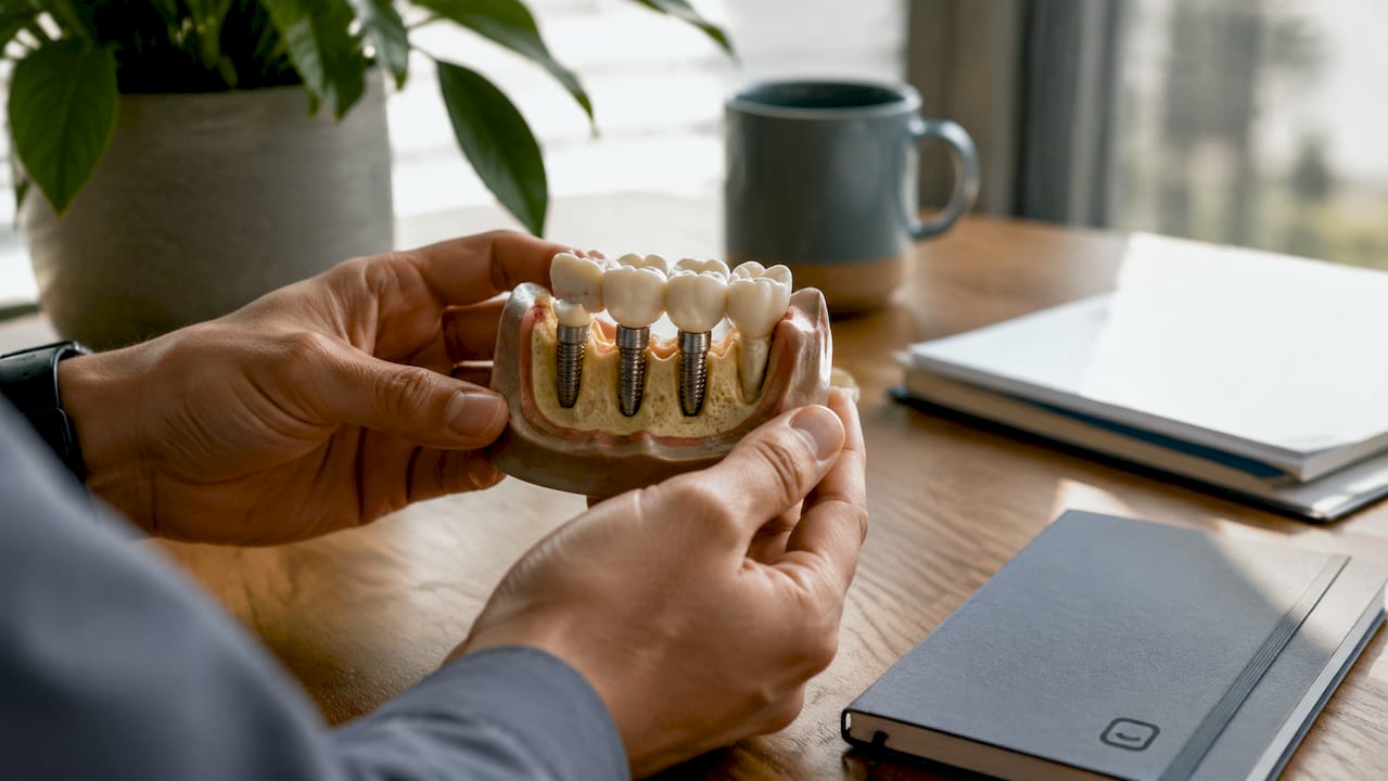 Dental implant model with visible plaque accumulation