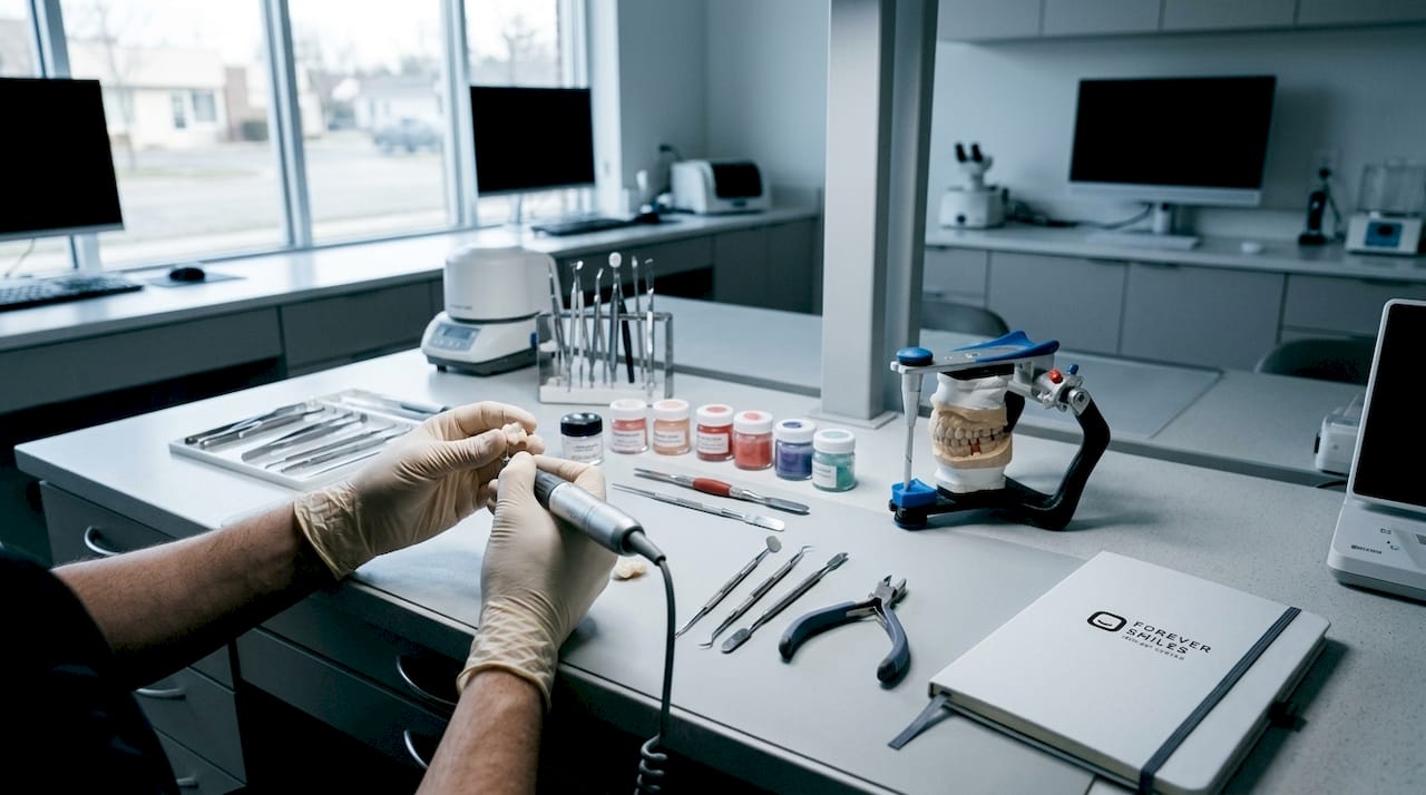 Technician shaping provisional dental crown in lab