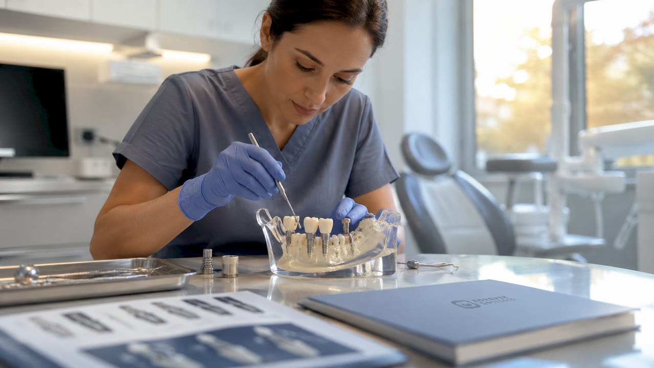 Hands holding jawbone model with dental implants