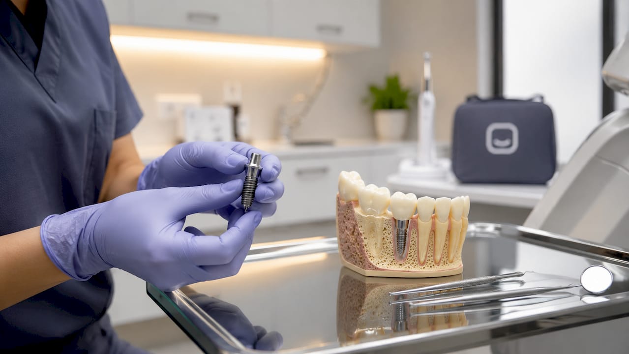 Dental implant held near jawbone model