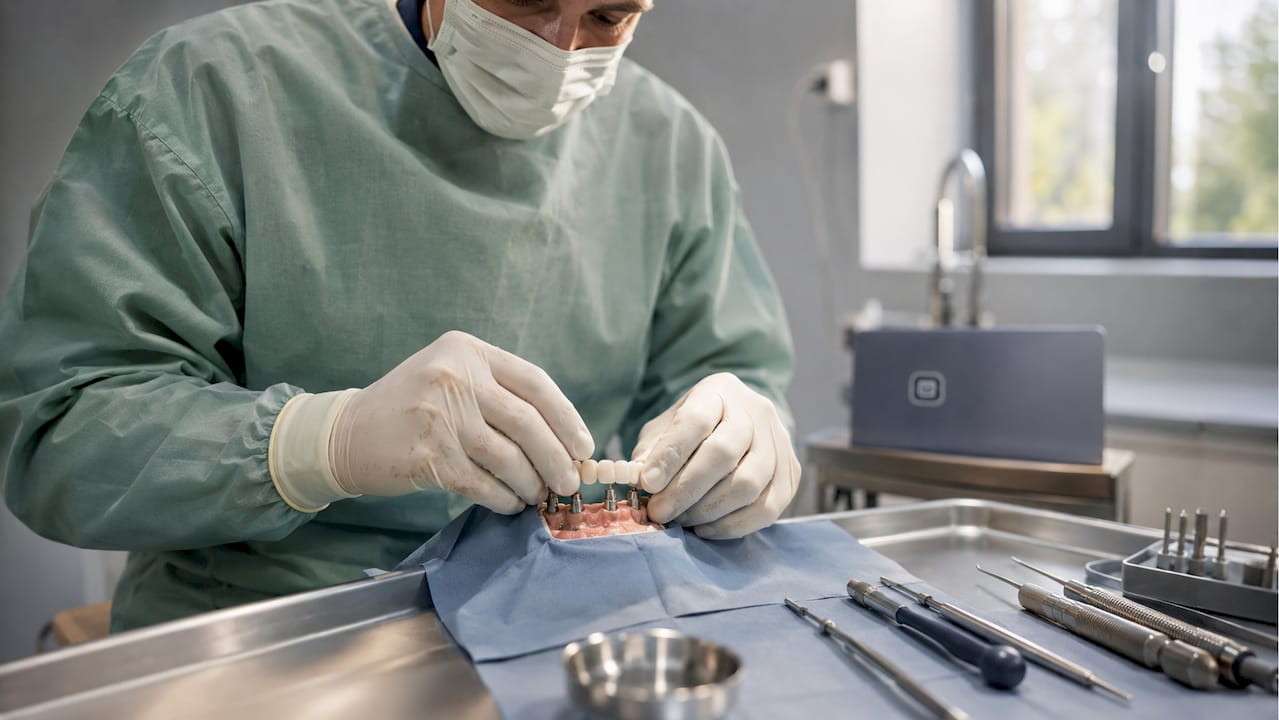 Surgeon placing temporary dental prosthesis