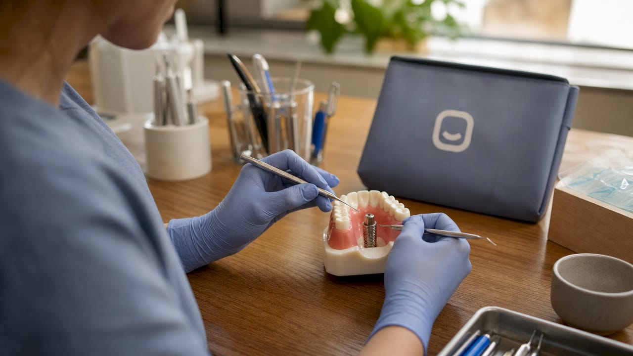 Hygienist cleaning dental implant model carefully