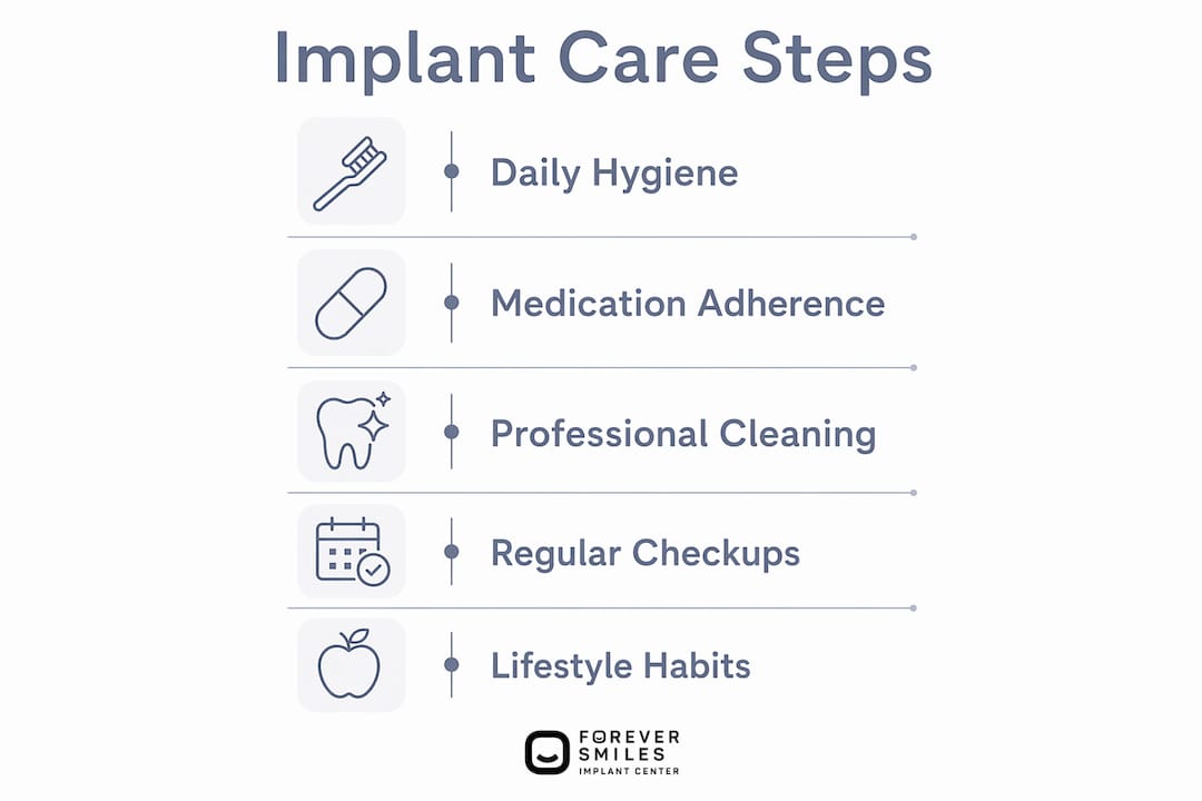 Infographic illustrating implant maintenance routines with key steps