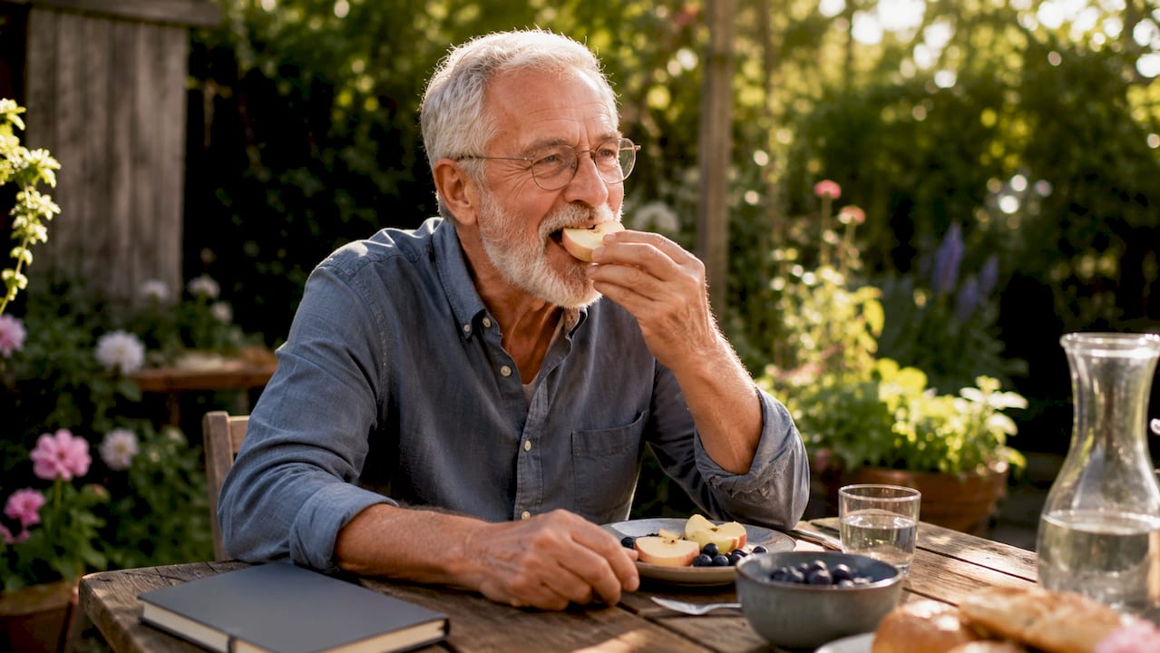 Senior man chewing with implant overdenture