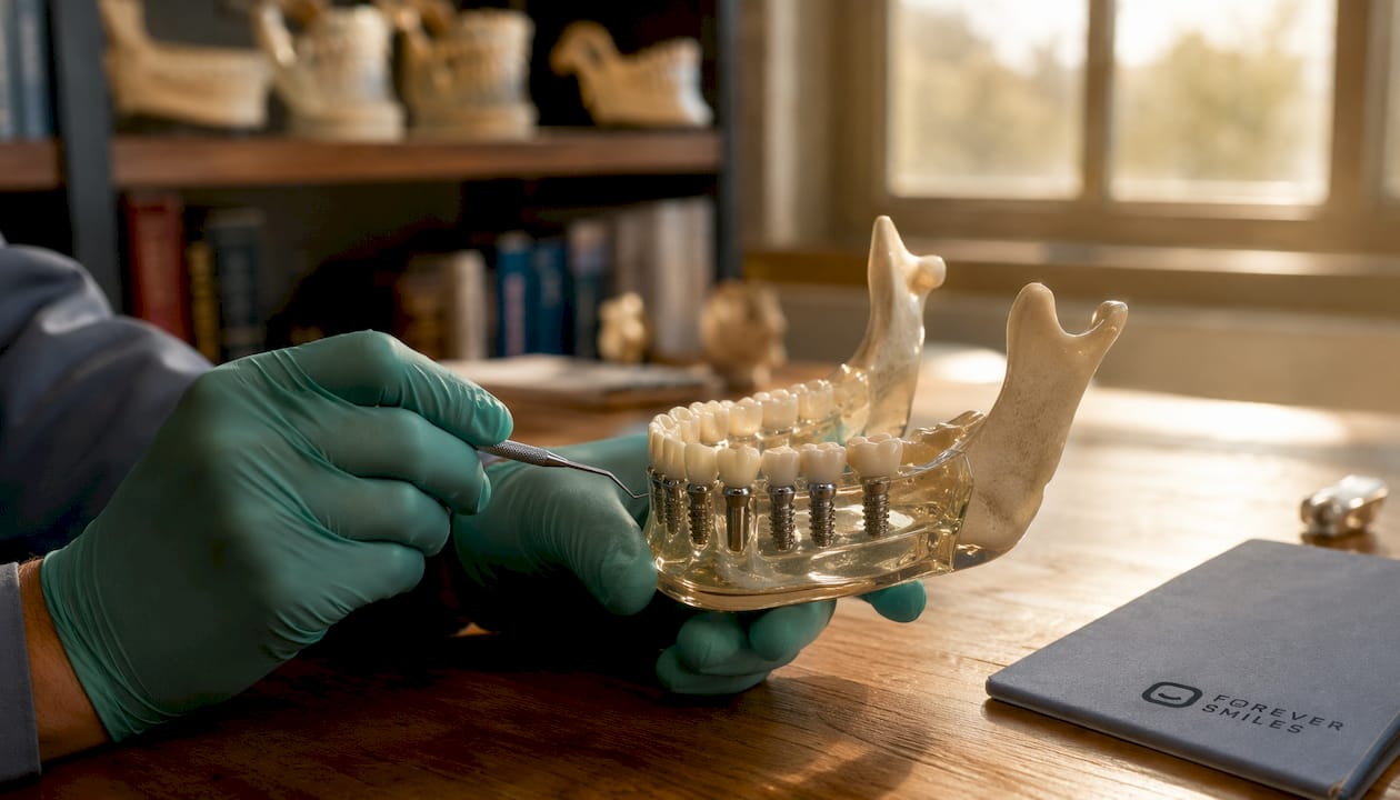Hand holding jaw model with dental implants