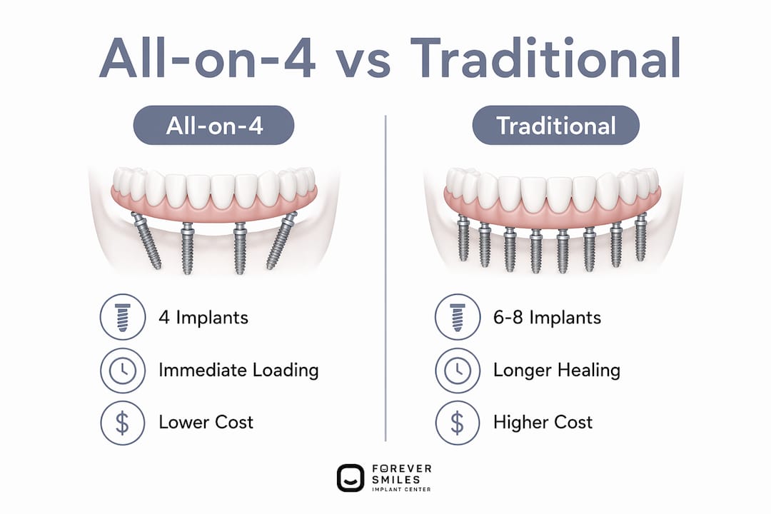 Comparison infographic All-on-4 vs Traditional implants