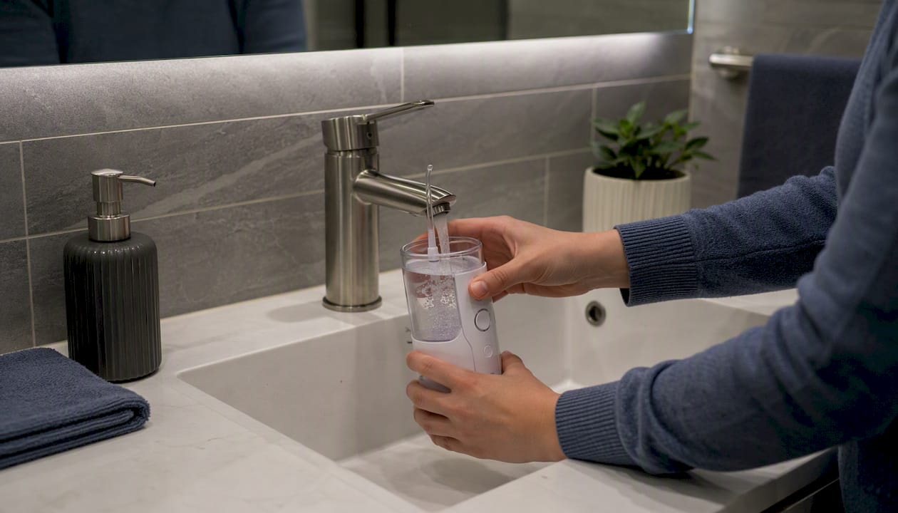 Hands filling water flosser reservoir in kitchen