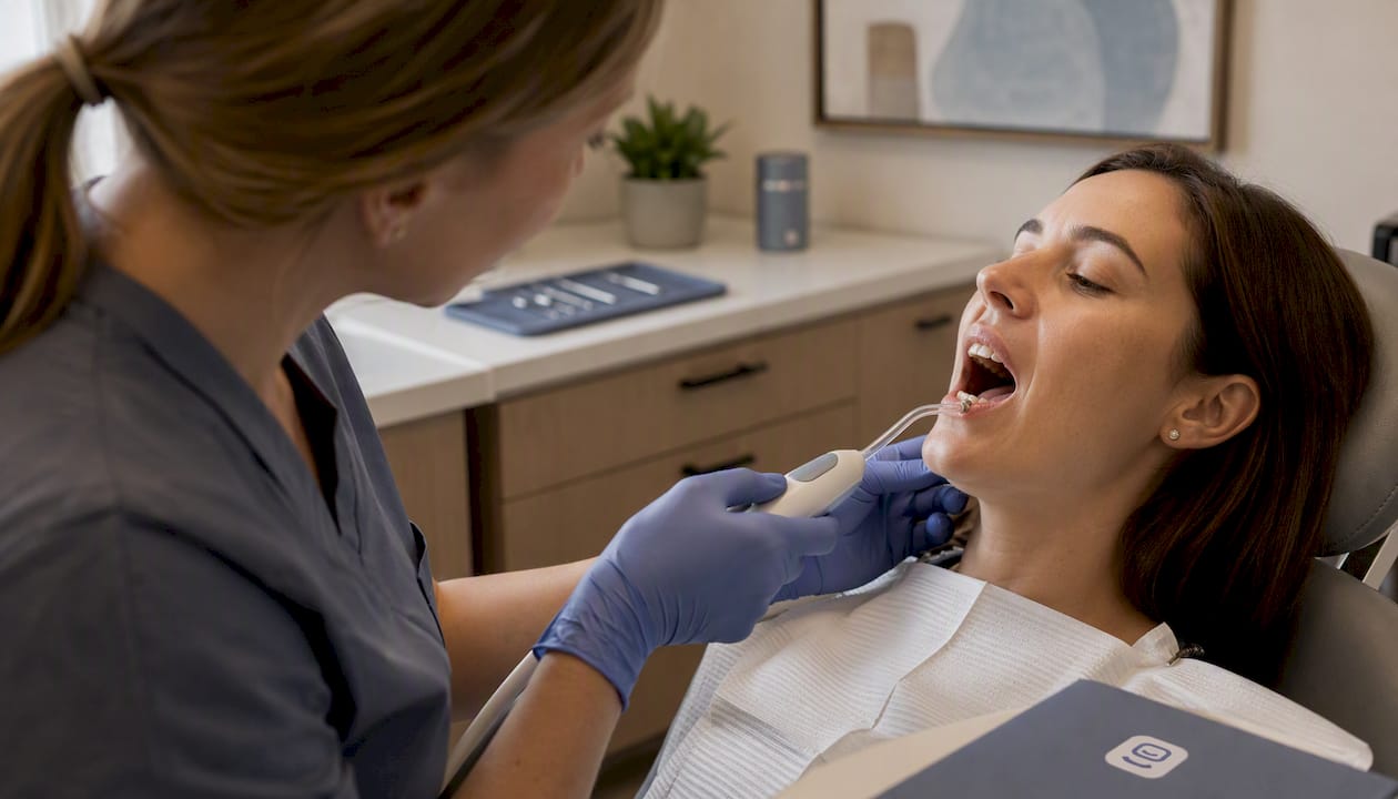 Dental hygienist positioning water flosser tip near implants