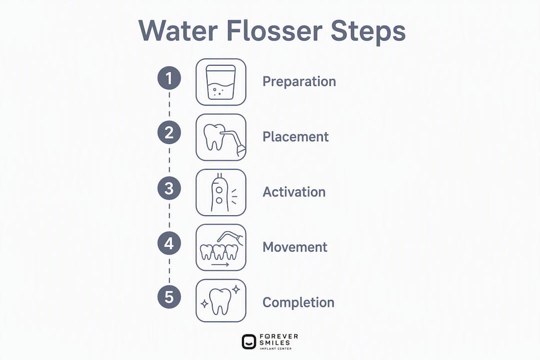 Infographic showing step-by-step water flosser use on implants