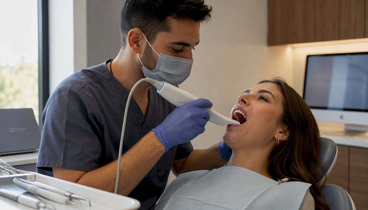 Dental assistant intraoral scanning patient