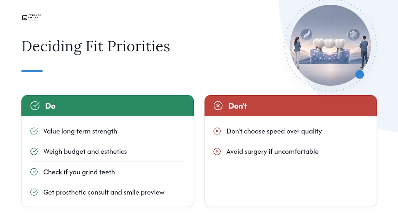 Deciding If a Zirconia Bridge Fits Your Priorities — overview diagram