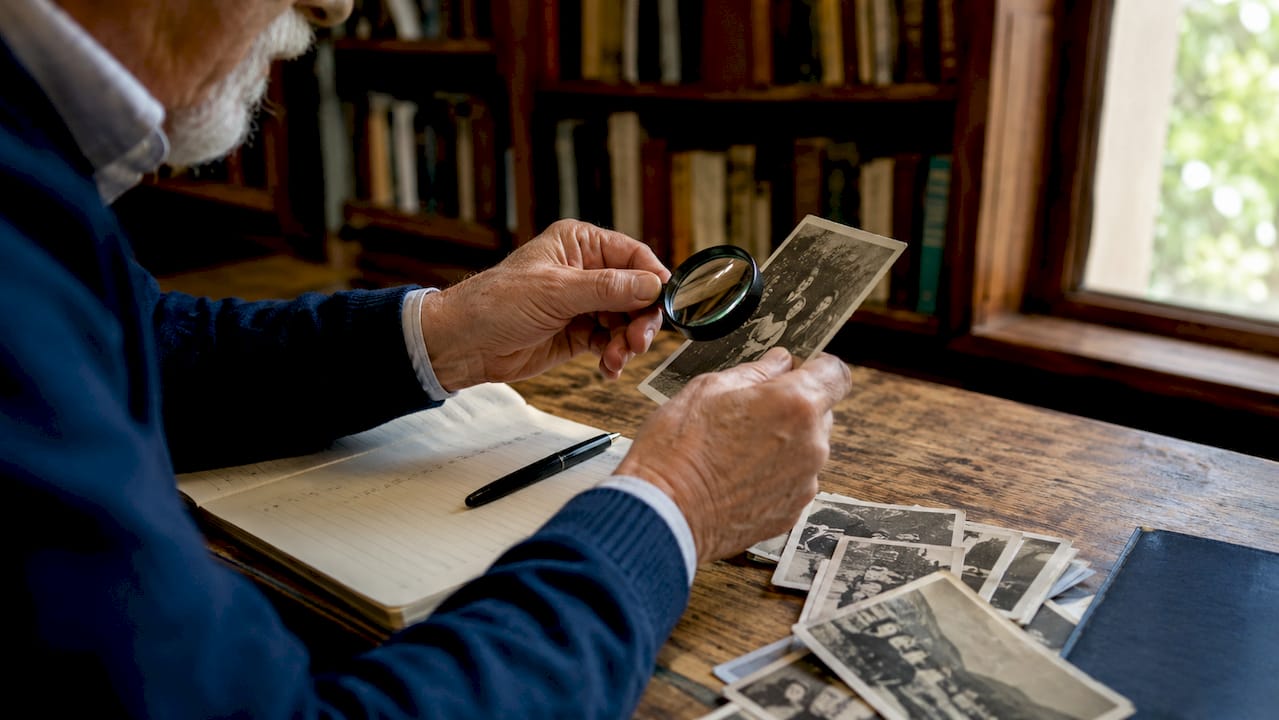 Unas manos revisan cuidadosamente una fotografía con una lupa en una sala de archivos.