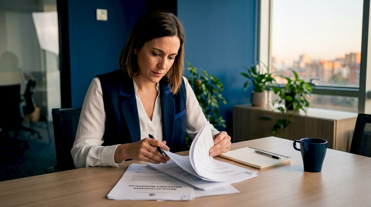 Manos revisando documentos sobre regulación de medios