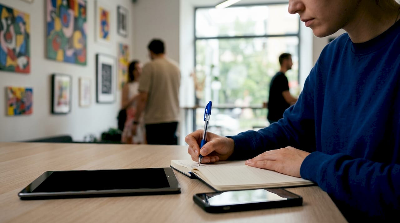 Manos tomando apuntes mientras la tablet y el móvil permanecen apagados