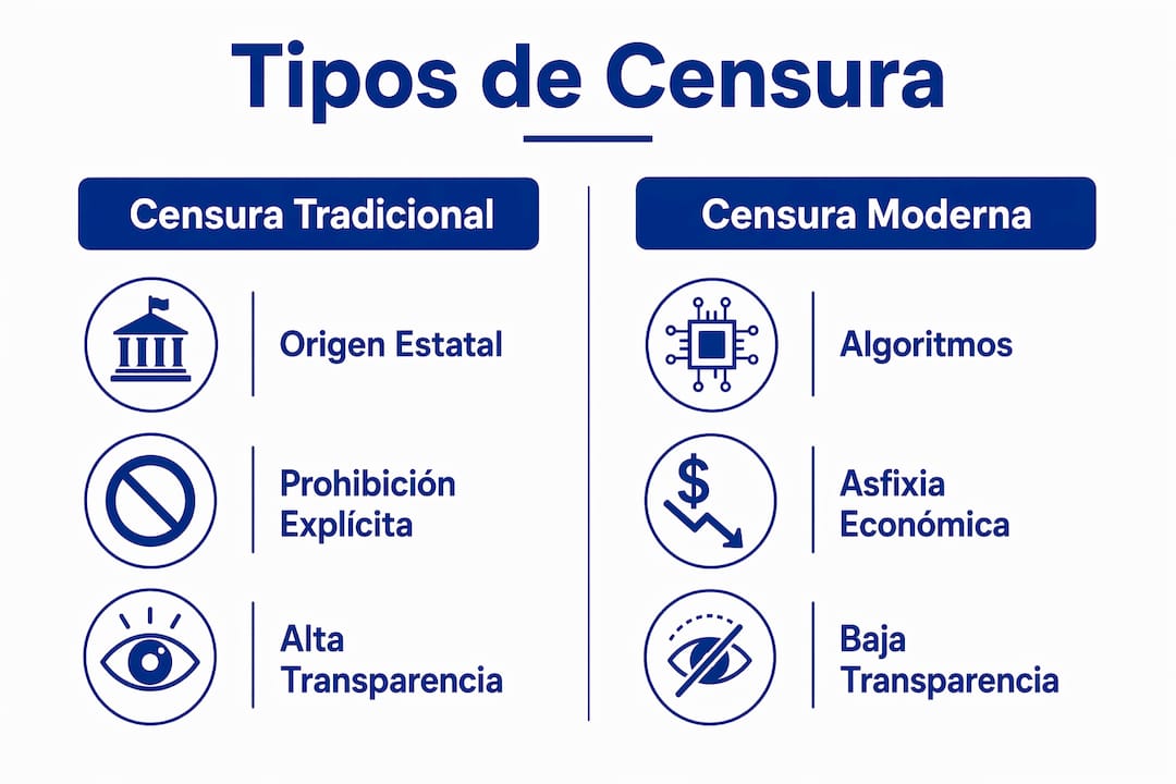 Infografía que muestra las diferencias entre la censura tradicional y la censura en la era digital