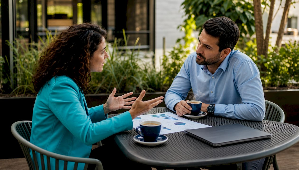 Dos expertos revisando estrategias de financiación de medios durante una reunión.