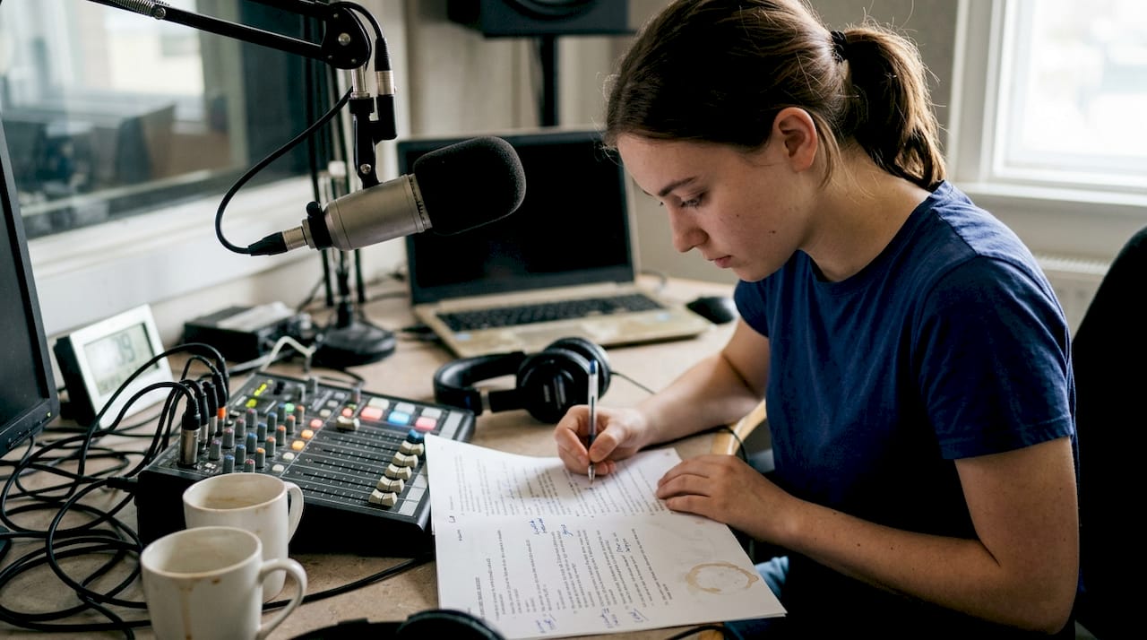 Mesa de trabajo en un estudio de radio, con guiones revisados y todo el equipo listo para la emisión.