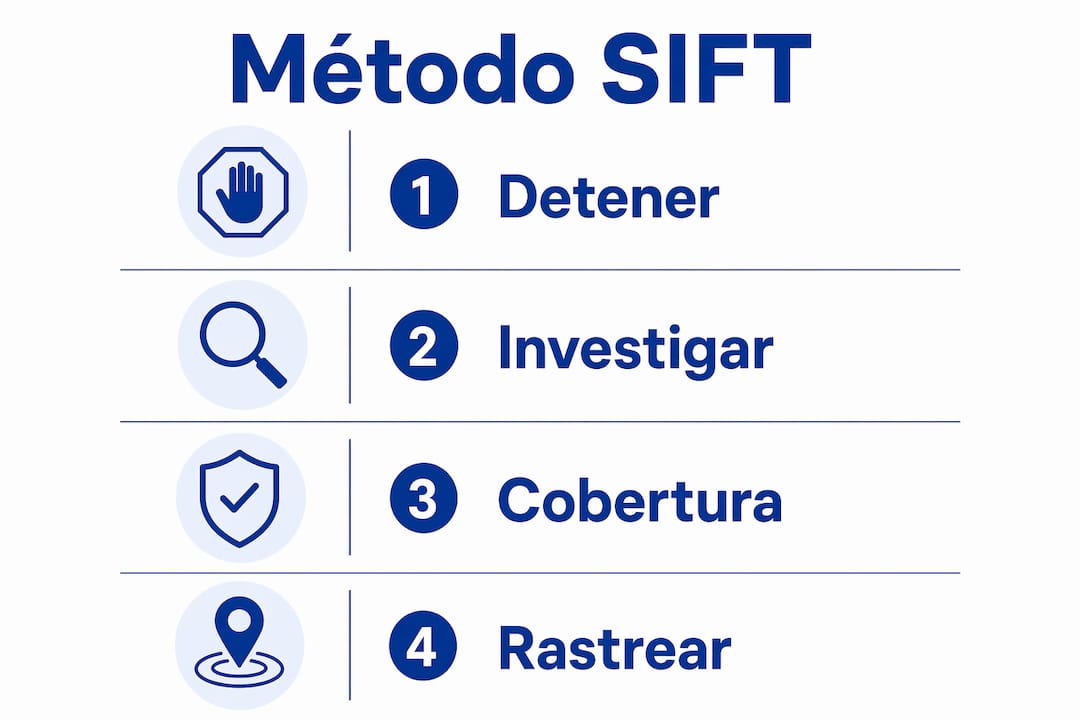 Infografía con los pasos clave del método SIFT para comprobar la veracidad de la información