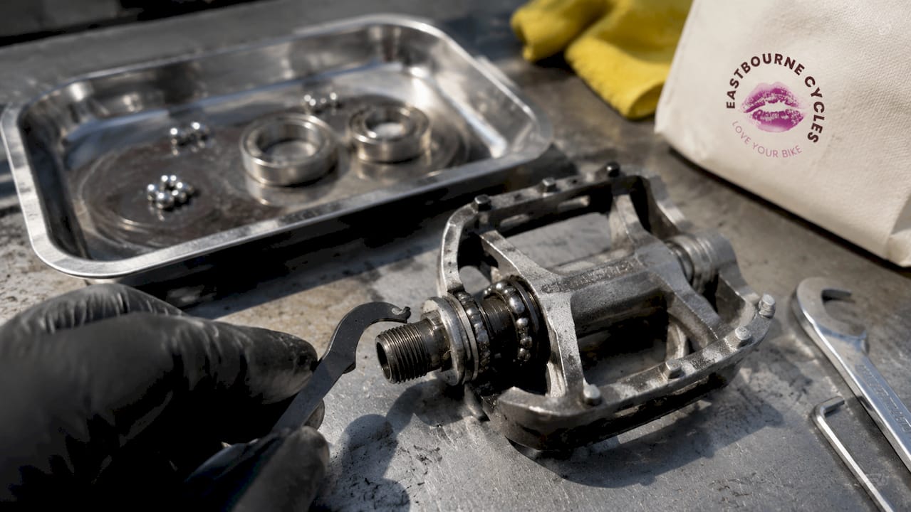 Close-up of cup-and-cone pedal bearing repair