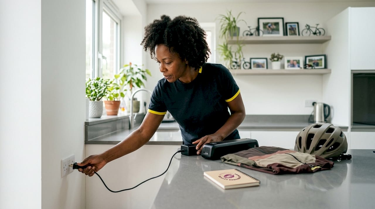 Hands connecting charger to e-bike battery
